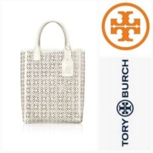Tory Burch White Laser Cut-Out
Patent Leather Tote Bag Shopper Pool
Beach Bag